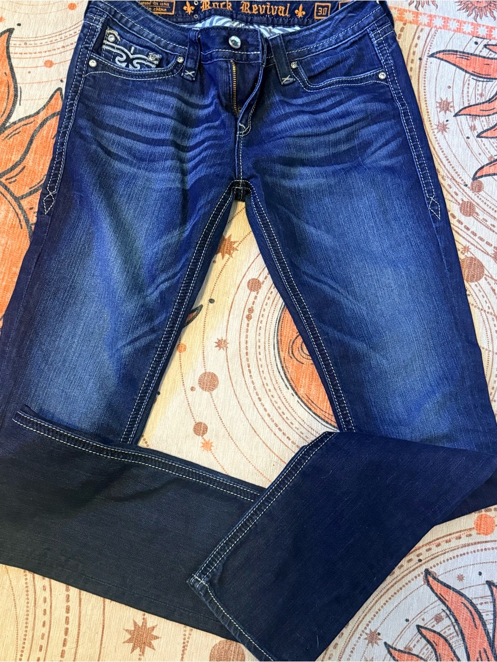 Rock Revival Dark Blue Straight Leg Jeans with Embroidered Pocket - Picture 7 of 9